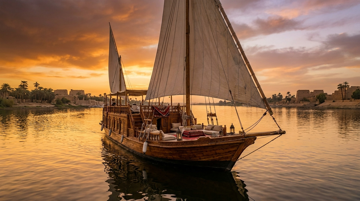 A traditional luxury sailboat on the Nile at sunset