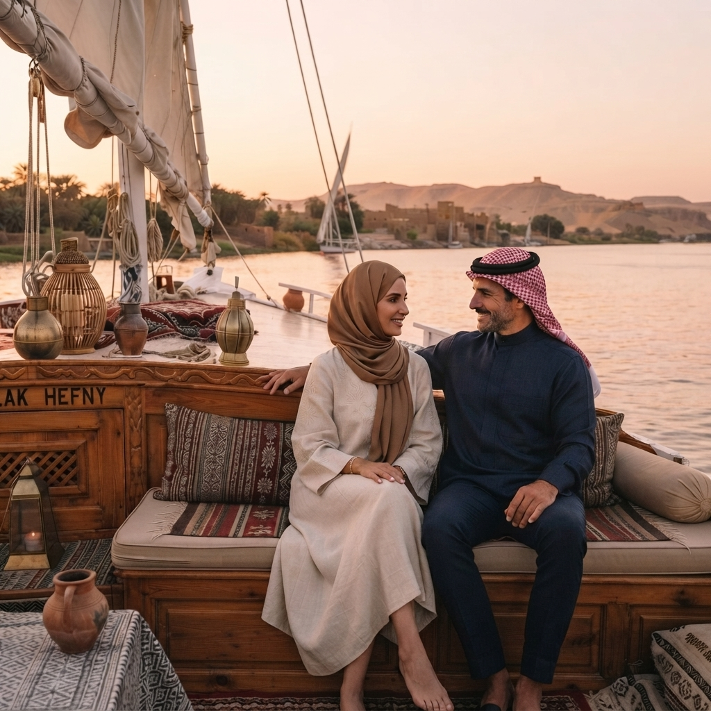 A couple relaxing aboard a traditional Nile boat